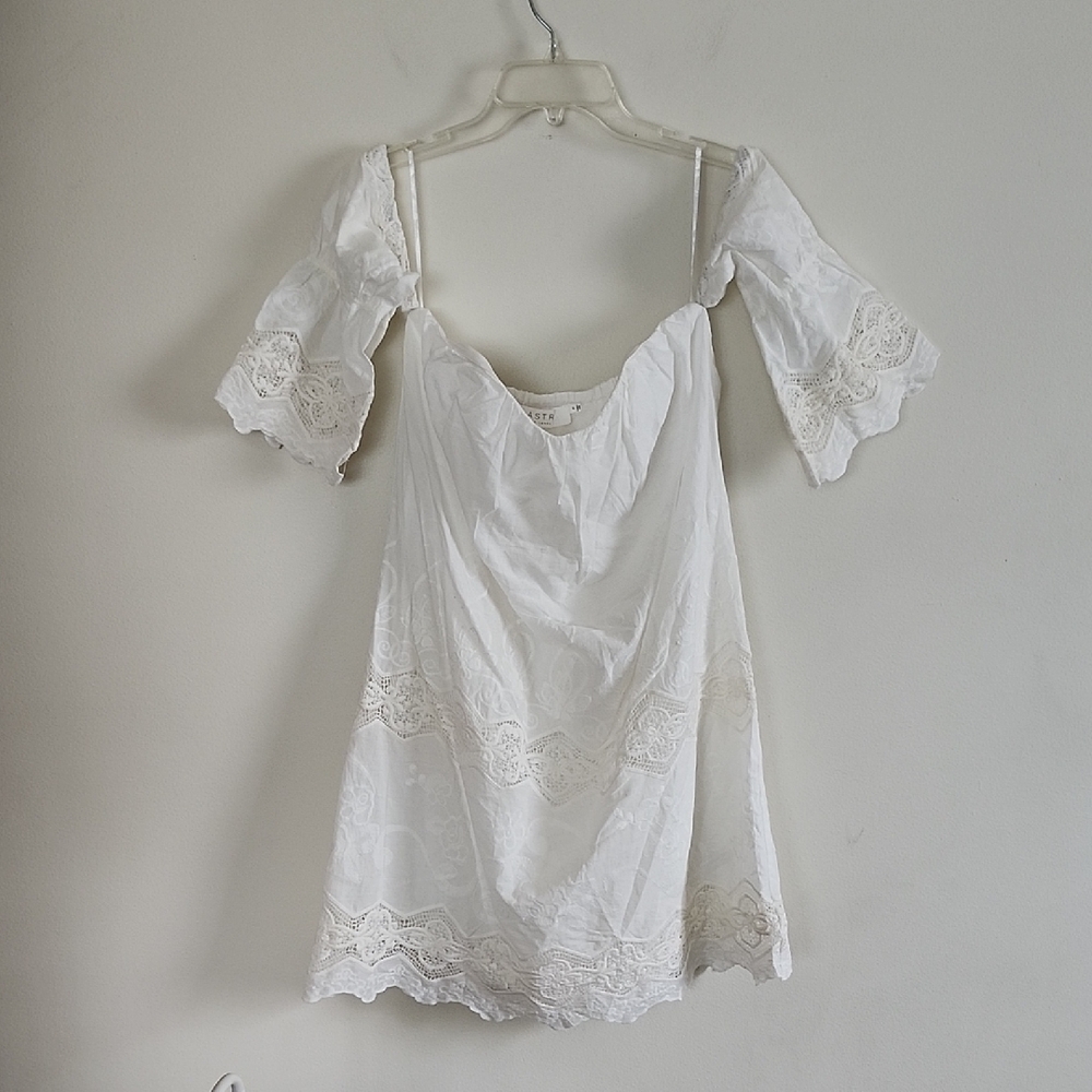 ASTR the Label Embroidered Cotton Off-the-Shoulder White Mini Dress